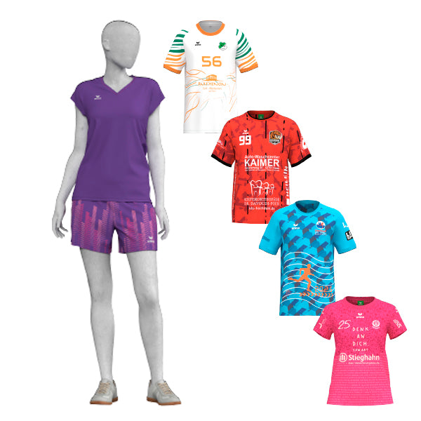 Sublimaatiopainettujen seuravaatteiden mallikuvia.